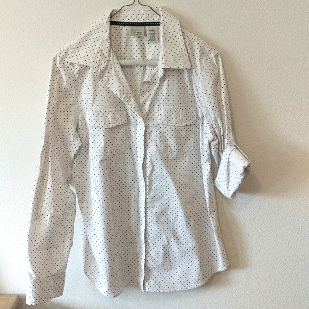 L.L. Bean button up shirt, white with polka dots